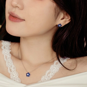 Parure de bijoux pour femme en argent S925 avec pendentif fleur bleue et boucles d'oreilles