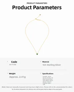 Macro detail of S925 sterling silver necklace with 5mm green zircon and 14K gold plating