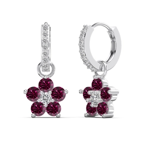 Boucles d'oreilles pendantes fleurs de prunier en argent S925 et cristaux rouges