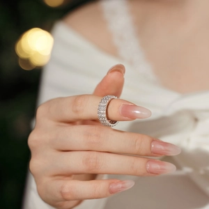 Macro shot of S925 sterling silver full eternity ring with multi-row pavé cubic zirconia