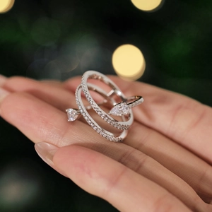 Elegant multi-layer S925 sterling silver wrap ring with teardrop water-drop crystals
