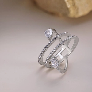 Three-layer S925 sterling silver ring with waterdrop gems and micro-pave zircons