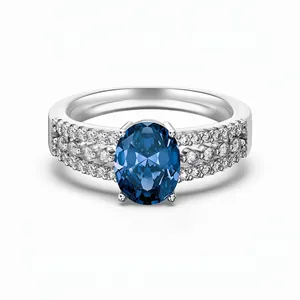 S925 Sterling Silver Oval Blue Zirconia Ring For Women Exquisite Pave Rhinestone Band Engagement Wedding Christmas Jewelry Finger Ring Gift
