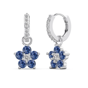 S925 sterling silver hoop earrings with plum blossom flower charm and blue gemstones