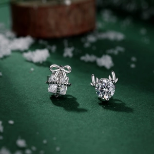 Detail of S925 sterling silver Christmas reindeer antler and gift box stud earrings
