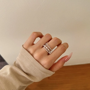 Three-piece stackable S925 sterling silver rings with marquise and round cubic zirconia
