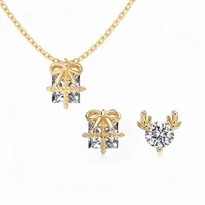 S925 Sterling Silver Reindeer Antler Christmas Gift Box Jewelry Set For Women Zirconia Necklace Stud Earrings Holiday Gift