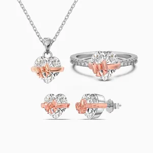 925 Sterling Zilveren Hart Zirconia Sieradenset Strik Hanger Ketting Verstelbare Ring Oorknopjes Voor Dames
