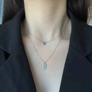 S925 Sterling Silver Hamsa Hand and Evil Eye Layered Necklace with Blue Zircons