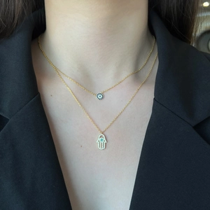 Double-layered gold S925 sterling silver necklace with Hamsa hand and Evil Eye pendants