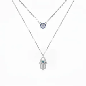 S925 Sterling Silver Double Layer Evil Eye Hamsa Hand Pendant Necklace For Women Zirconia Inlaid Fine Clavicle Chain Jewelry