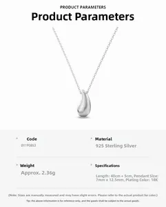 Spécifications du pendentif goutte d'eau en argent sterling S925 avec finition brossée