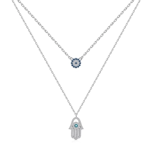 Double layered S925 sterling silver Hamsa hand and evil eye pendant necklace for women