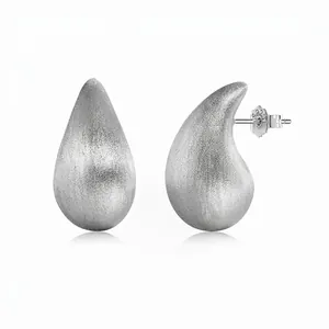 Boucles d'Oreilles Clous Goutte d'Eau en Argent Sterling S925 pour Femmes Collier Pendentif Larme Brossé Minimaliste Bijoux Quotidiens Élégants Cadeau