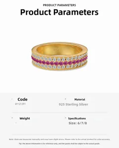 Detail view of gold-plated S925 silver ring featuring pink and white zircon rows
