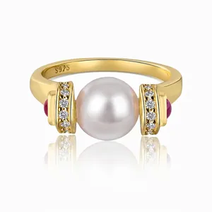 Retro S925 Sterling Silver Artificial Pearl Ring With Zircon And Red Accent Stone Elegant Gold Plated Jewelry For Women