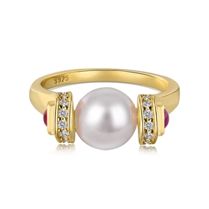 S925 silver pearl ring with 8mm pink-white pearl and red gemstone accents on white background