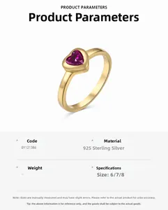 Macro shot of heart-shaped purple zircon 925 sterling silver ring with size chart details