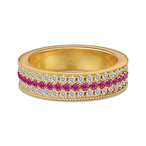 Golden S925 sterling silver ring with white and pink zircon rows in milgrain design