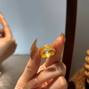 S925 sterling silver wheat pattern ring with 22K gold finish and micro-pave crystals