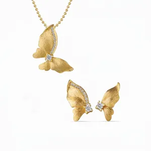 French 925 Sterling Silver Butterfly Necklace and Earrings Electroplated 22K Gold Elegant Zirconia Jewelry For Women