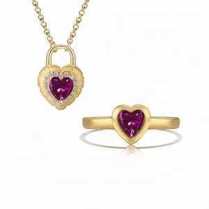 French Sweet 925 Sterling Silver Heart Zirconia Pendant Necklace And Heart Ring Brushed Gold Plated Fine Jewelry For Women