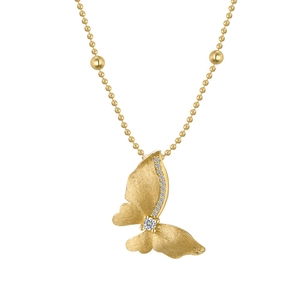 Brushed gold butterfly pendant necklace with white zircons and a delicate bead chain