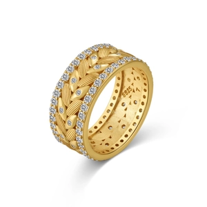 Luxurious gold wheat spike ring in S925 sterling silver with sparkling pavé cubic zirconia