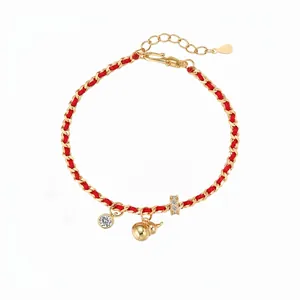 925 Sterling Silver Red String Woven Bracelet For Women Gold Plated Wu Lou Gourd Pendant Rhinestone Inlaid Fashion Jewelry Gift