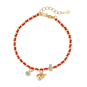 S925 sterling silver red braided bracelet featuring a golden gourd and zircon charms