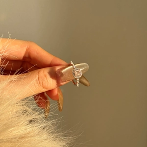 S925 sterling silver halo ring with pink cushion cut gemstone and marquise diamond accents