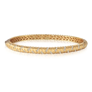 Elegant 22K gold plated silver bangle with cross weave texture and zircon inlay