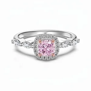 Luxury 925 Sterling Silver Pink Zirconia Cushion Cut Halo Ring For Women Fashion Marquise Side Stone Wedding Jewelry Gift