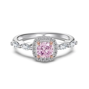 Luxurious S925 sterling silver ring with pink cushion cut stone and diamond halo