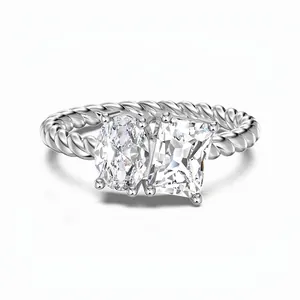 925 Sterling Silver Toi Et Moi Ring Twisted Cable Band Oval Rectangular Zirconia Double Stone Ring For Women Jewelry