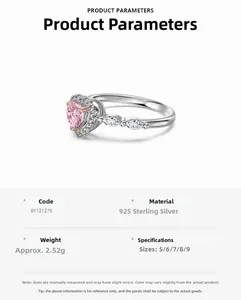 Detail view of pink heart zircon S925 silver ring with technical specifications table