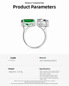 Vue détaillée de la bague en argent S925 avec zircon émeraude et ice cut et dimensions