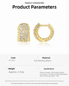 Detail specifications of 925 sterling silver hoop earrings with pavé zirconia and dimensions
