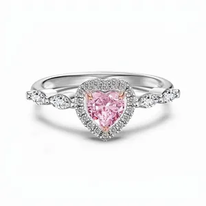 Elegant 925 Sterling Silver Pink Heart Zircon Ring Fashion Ice Flower Cut Zirconia Halo Finger Ring For Women Gift