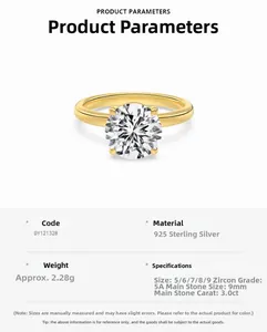 Detailed specs of S925 silver ring featuring a 3.0ct 4-prong set zircon gemstone