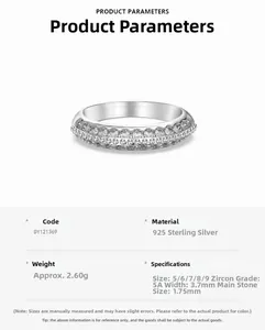 Detailed spec view of a 925 sterling silver band with 5A grade cubic zirconia