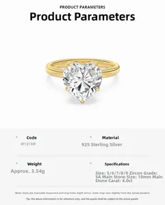Detail of 4ct heart-cut 5A zircon ring in 925 sterling silver showing product specifications
