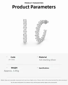 Detailed view of S925 sterling silver hoop earrings with pavé set square cubic zirconia