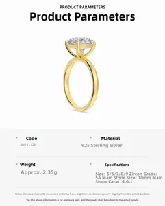 Detailed specifications for a 925 sterling silver ring with a 4.0ct 5A cubic zirconia