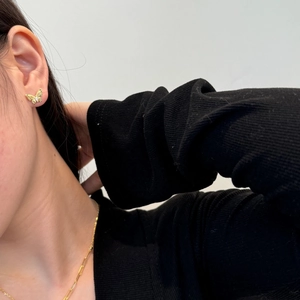 Detail van gouden vlinder oorknopje met zirkoon en bijpassende ketting ketting