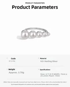 S925 sterling silver ring with shell pearls in graduated sizes on a clean white background