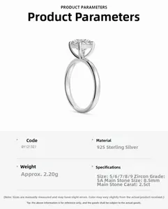 Detailed specs of S925 sterling silver ring with 2.5ct six-prong crown setting cubic zirconia