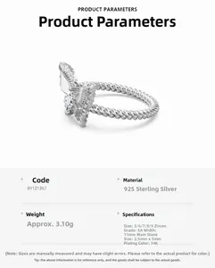 Macro detail van S925 sterling zilveren vlinderring met zirkonia inleg afmetingen