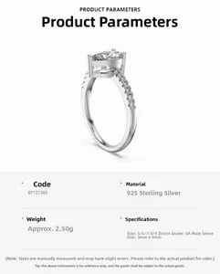 Detailed specs of S925 sterling silver ring with 5x9mm pear-cut zircon and size chart