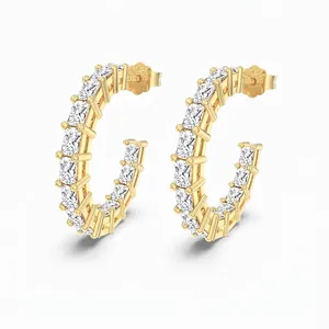 Luxury S925 Sterling Silver C Shape Stud Earrings For Women Rectangular Baguette Zirconia Inlaid Electroplated Fashion Jewelry Gift